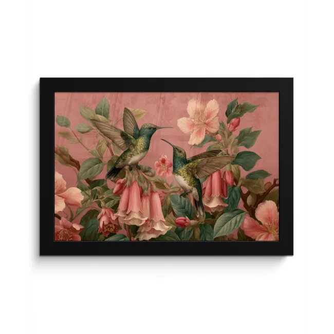 Kolibries - Bloemen - Groen - Roze fotolijst zwart zonder passe partout klein -3d