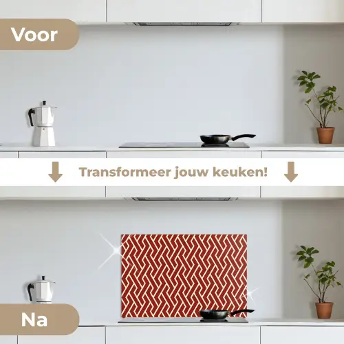Rood - Beige - Patroon - Lijnen keuken achterwand spatscherm klein 900 -voor_na_NL
