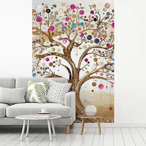 Levensboom - Goud - Kleurrijk - Abstract - Aesthetic fotobehang vinyl groot -woonkamer