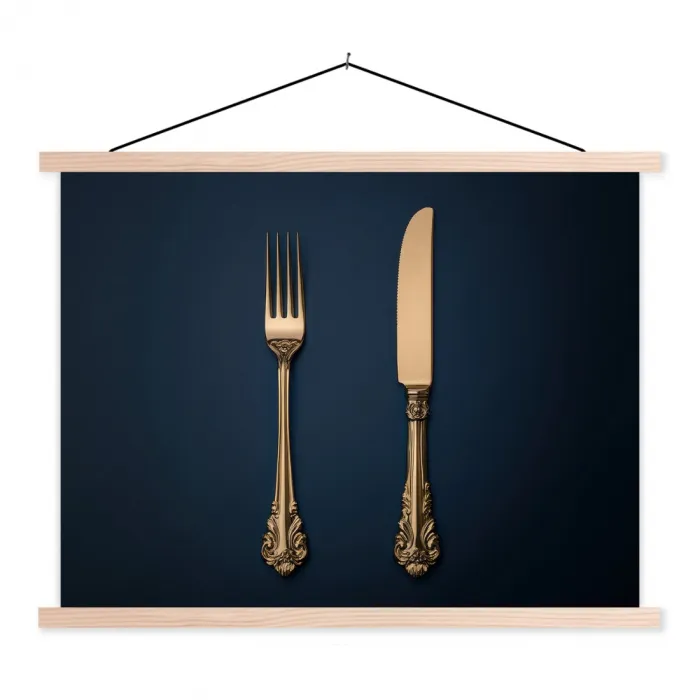 Bestek - Donkerblauw - Goud textielposter latten blank klein -3d