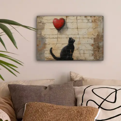 Street art - Kat - Ballon - Graffiti - Banksy canvas 2cm klein -sfeer1