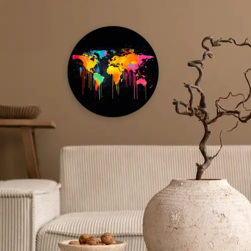 Wereldkaart - Verf - Kleurrijk - Graffiti - Wereld Wandcirkel kunststof plaat 5mm dik klein -sfeer1