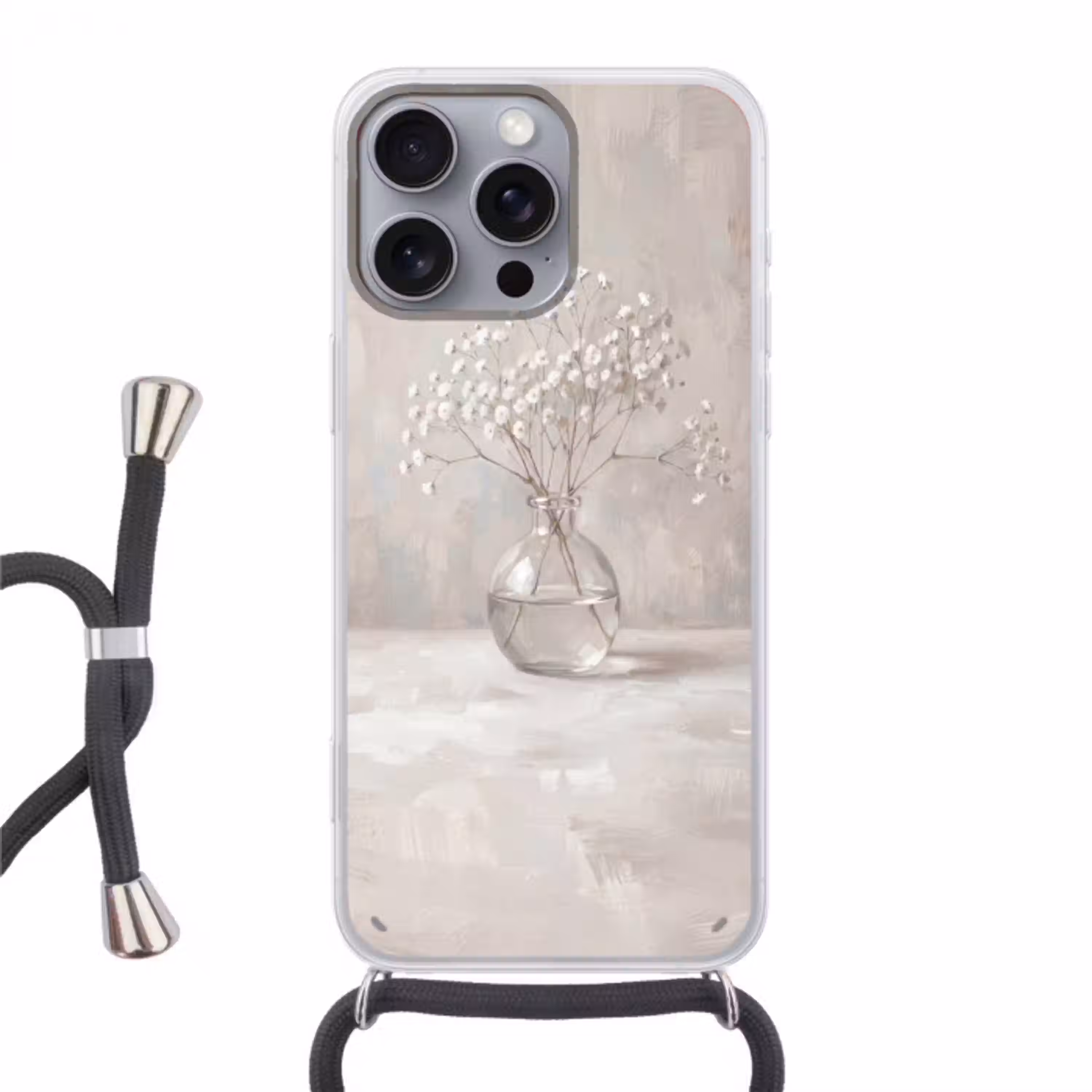 Gipskruid - Vaas - Wit Hoesje iPhone 16 Pro Max met koord klein -3d