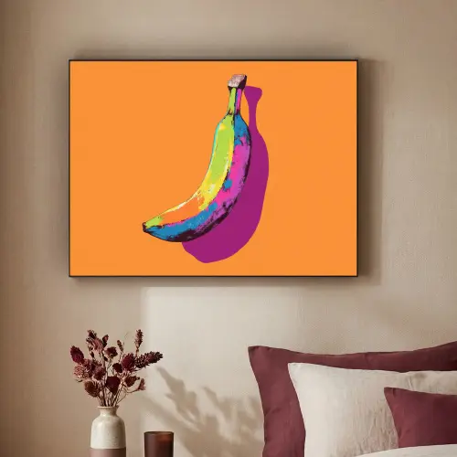 Felle kleuren - Banaan - popart Textielframe zwart klein -sfeer1