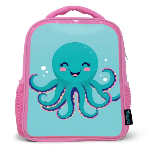 Octopus - Blauw - Gezicht Kinderrugzak - Roze middel -3d