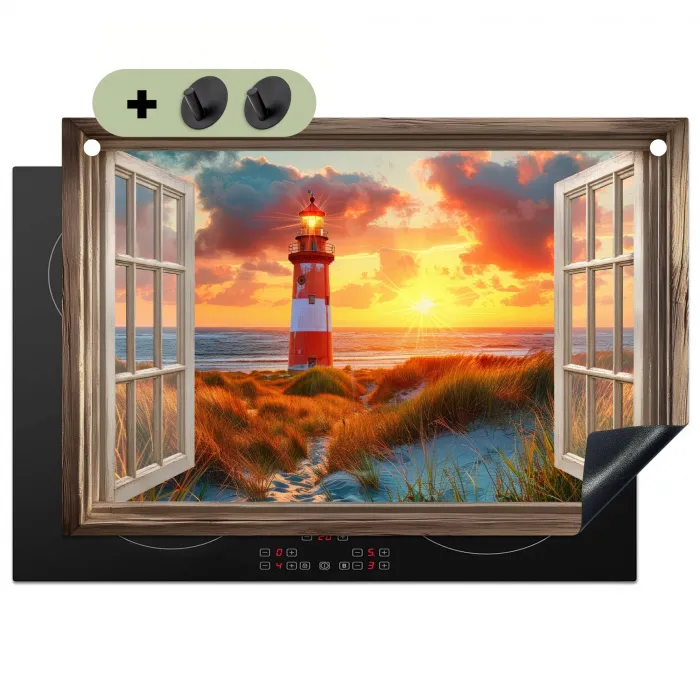 Doorkijk - Raam - Vuurtoren - Zonsondergang - Strand Inductie beschemer met haakjes klein -3d