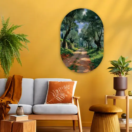 Pad - Bomen - Schaduw - Wandcirkel Ovaal Glas middel -sfeer4