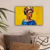 Frida Kahlo - Vrouw - Geel - Blauw - Bloemen canvas 2cm klein -sfeer1