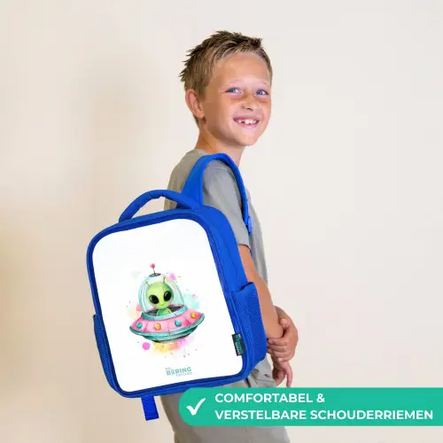 Groene alien in kleurrijke UFO Kinderrugzak - Blauw middel -sfeer3_NL