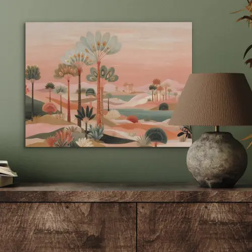 Roze landschap - Palmen - Water PET vilt klein -sfeer2