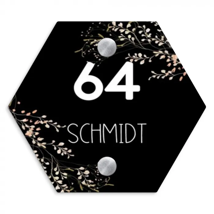 Botanisch - Zwart - Modern Naambord Hexagon klein -3d