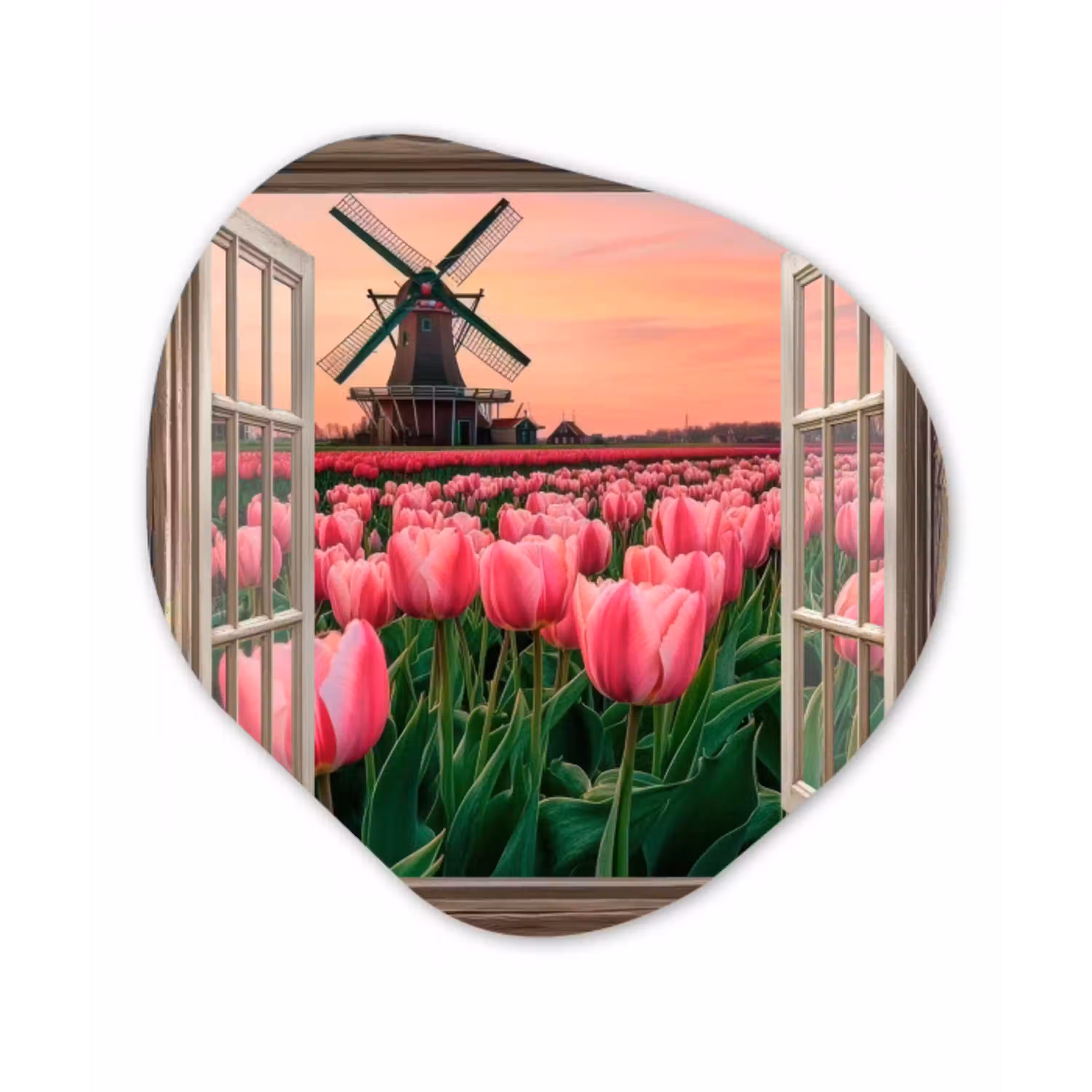 Doorkijk - Tulpen - Bloemen - Molen - Raam Wandcirkel Organisch Plexiglas middel -3d