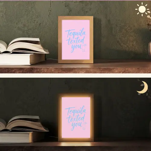 Tequila texted you - Roze - Blauw Light Box met kabel (Tafellamp) klein -sfeer3