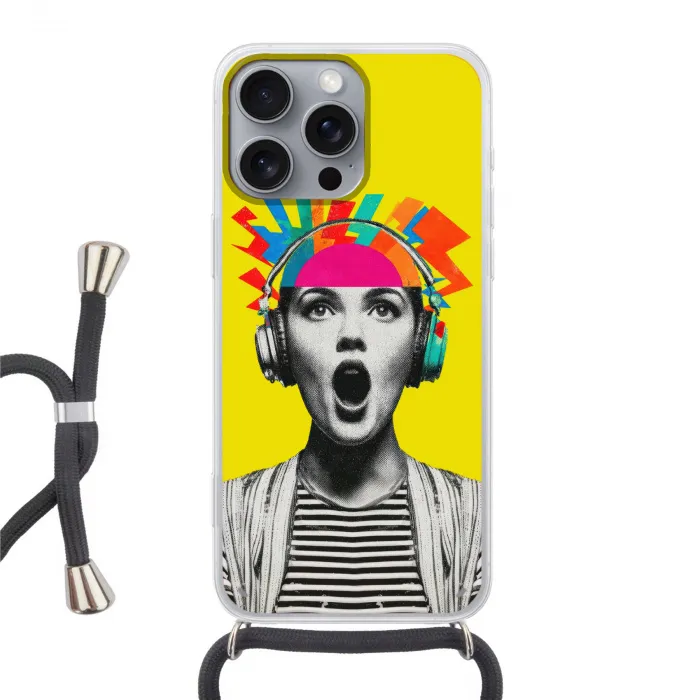 Vrouw - Koptelefoon - Geel Hoesje iPhone 16 Pro Max met koord klein -3d