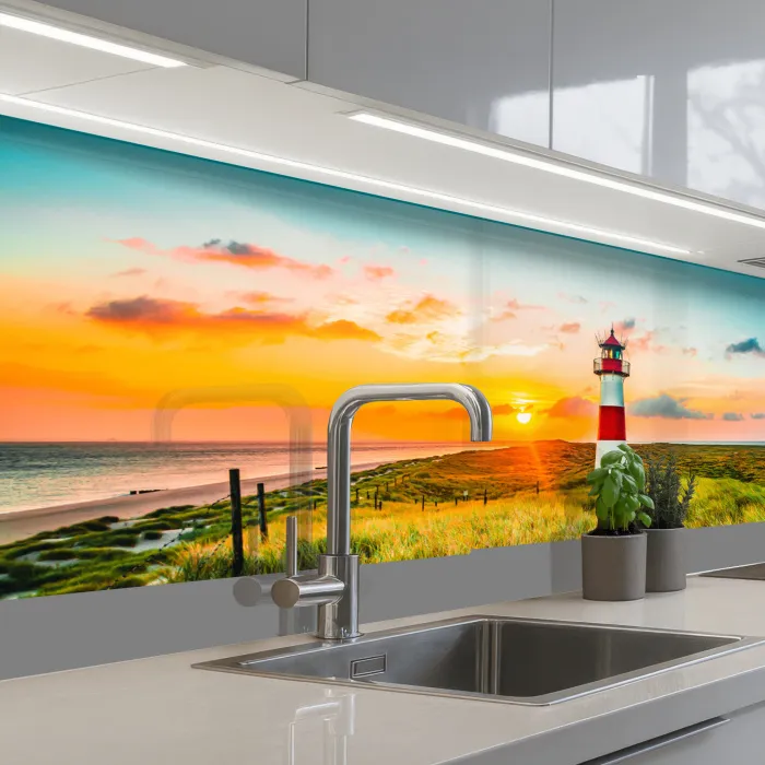 Vuurtoren - Natuur - Zon - Landschap - Gras - Strand - Zee keuken achterwand 2 middel -3d_schuin