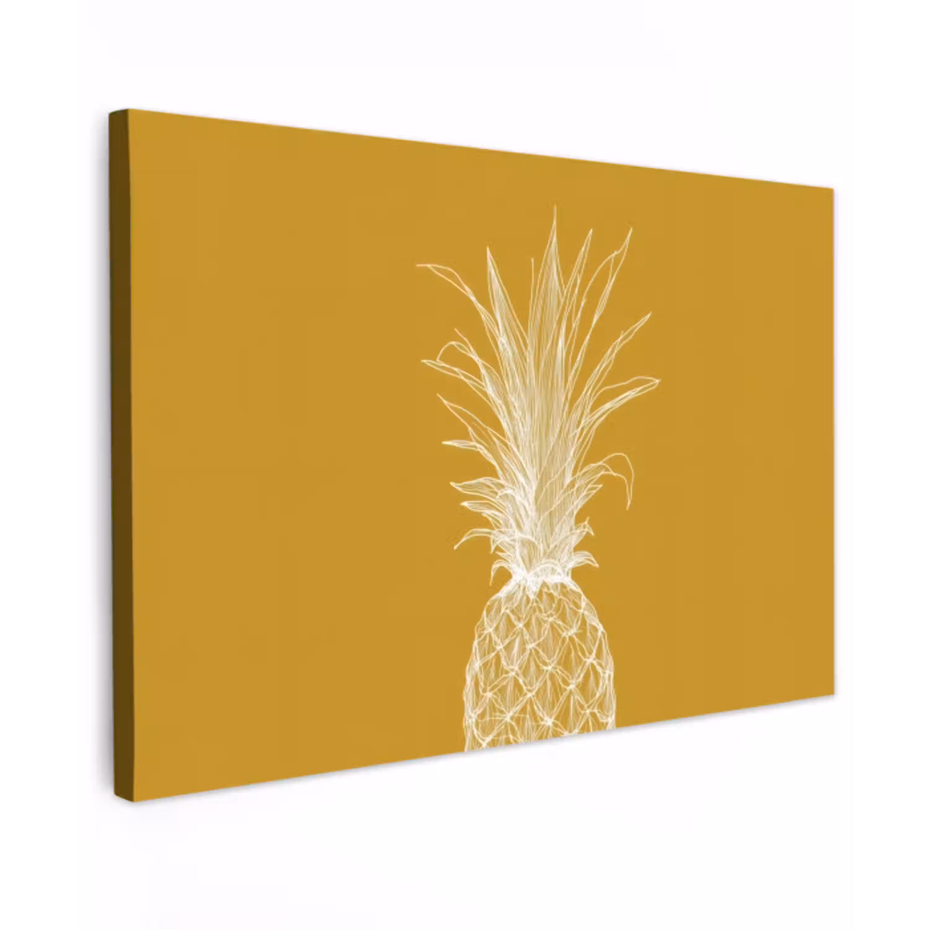 Lijnillustratie - Ananas - Bladkroon - Okergeel Tuinposter op houten frame 2 cm dik klein -3d