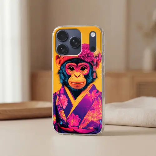 Aap - Kimono - Bloemen - Hoofdtooi Telefoonhoesje iPhone 17 Pro klein -sfeer2