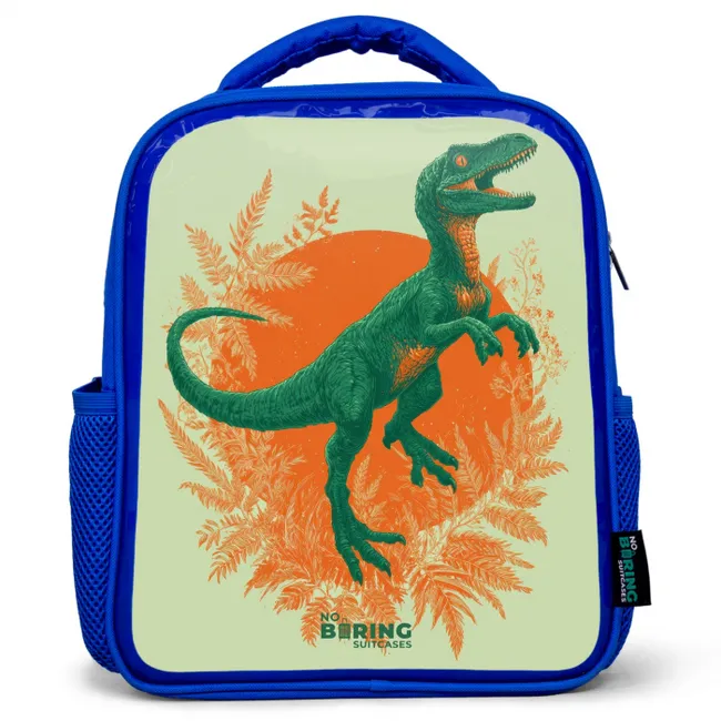 Groene dino tussen varens Kinderrugzak - Blauw middel -3d