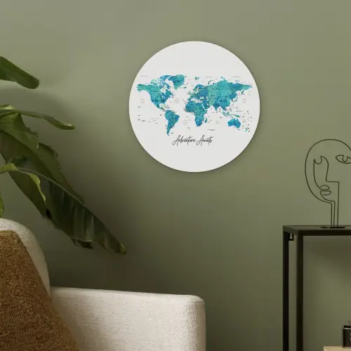Wereldkaart - Blauw - Kleurrijk Akoestische PET Vilt - Rond klein -sfeer2