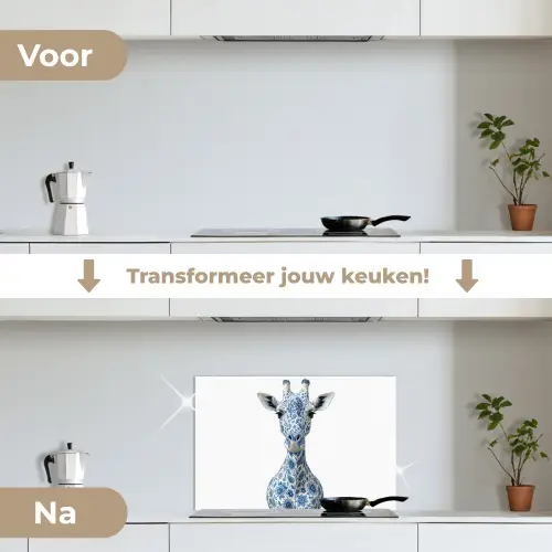 Giraffe - Delfts blauw - Dieren - Minimalistisch keuken achterwand spatscherm klein -voor_na_NL