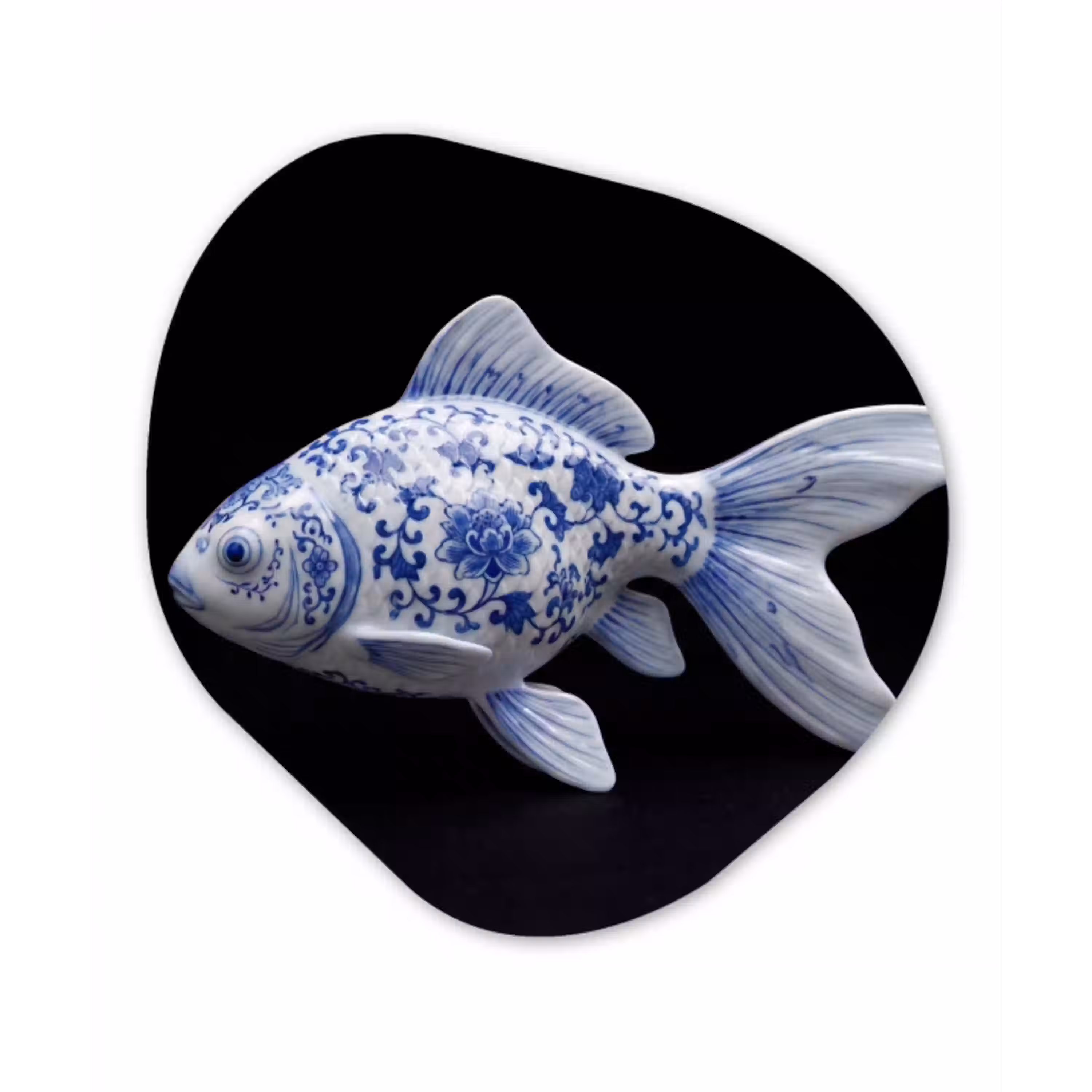 Porselein - Goudvis - Delfts - Blauw Wandcirkel Organisch Aluminium middel -3d