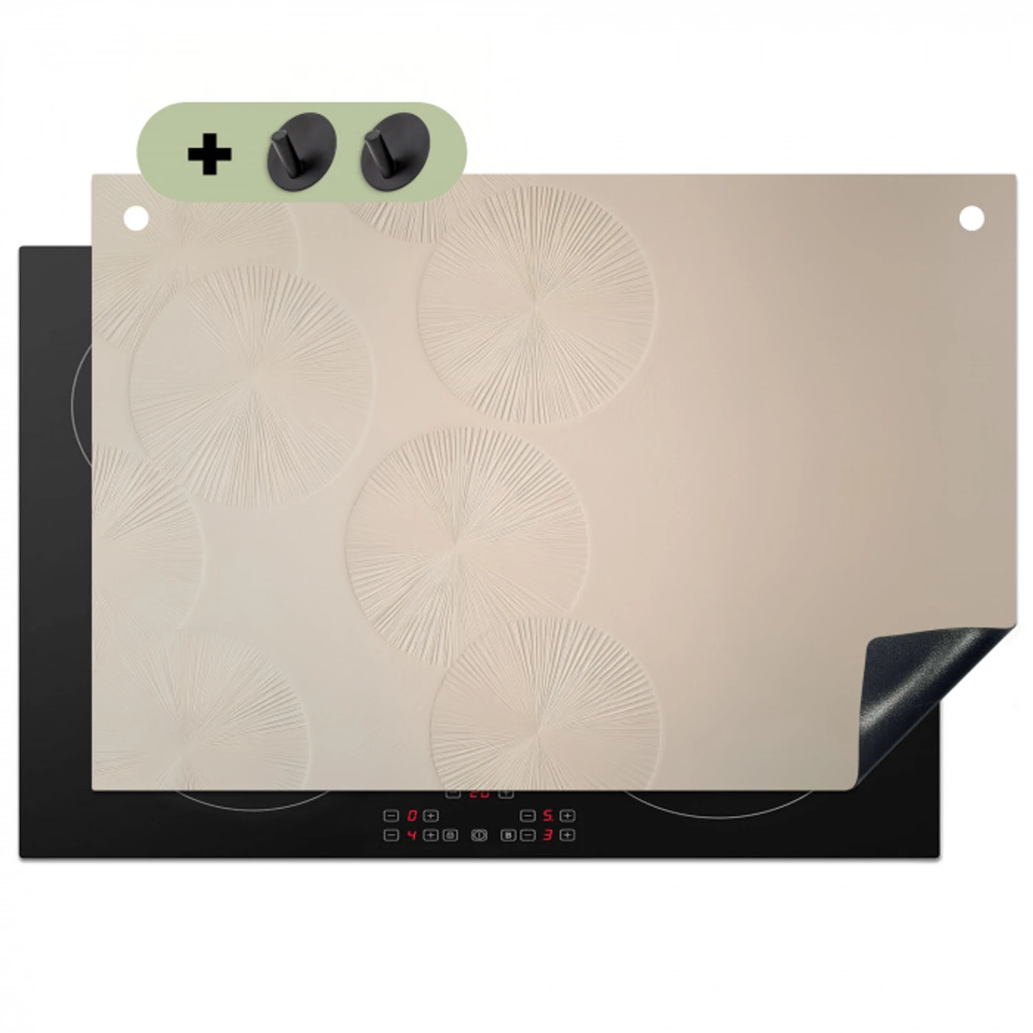 Japandi - Beige - Modern Inductie beschemer met haakjes klein -3d