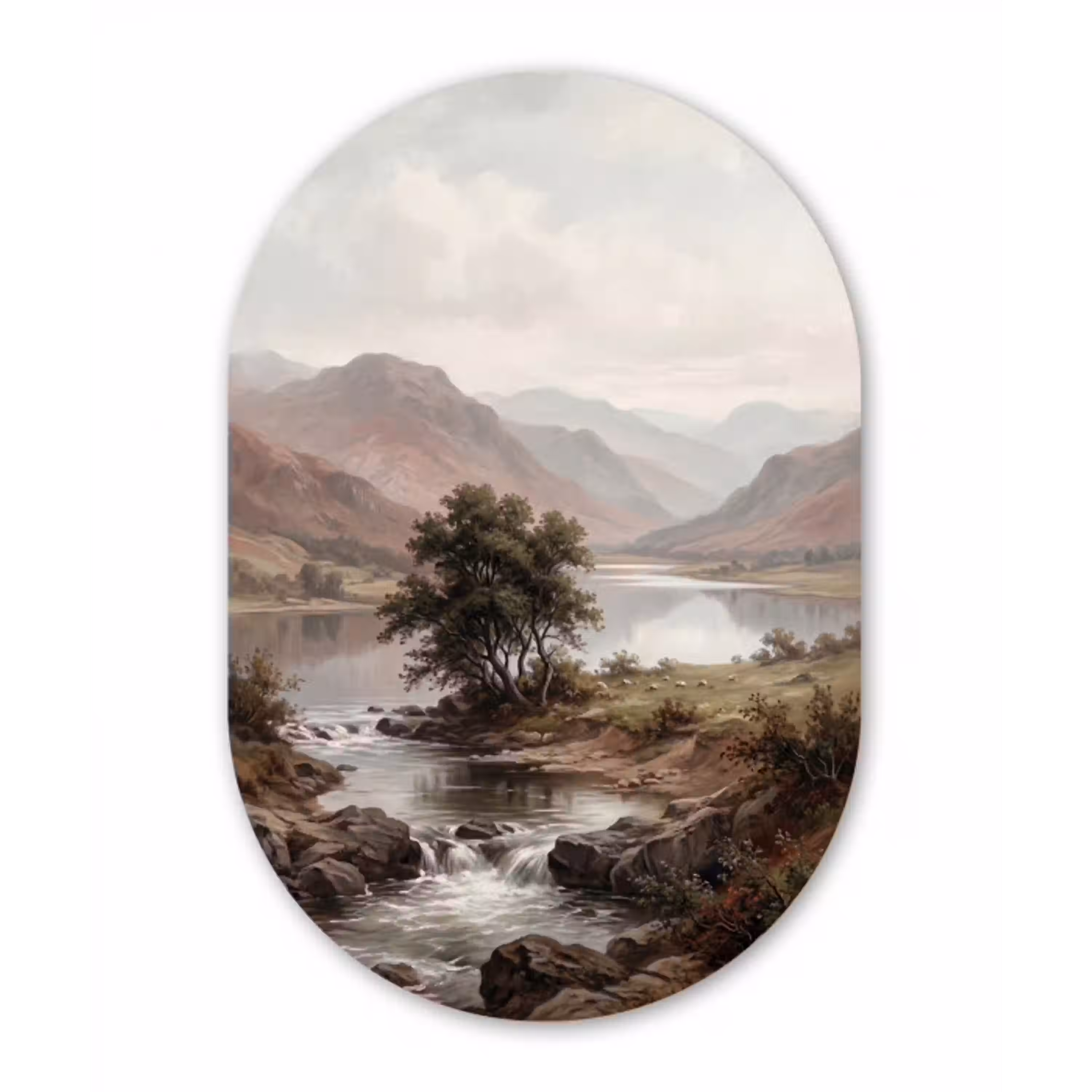 Berglandschap - Meer - Bergen - Vallei - Klassiek Wandcirkel Ovaal Aluminium middel -3d