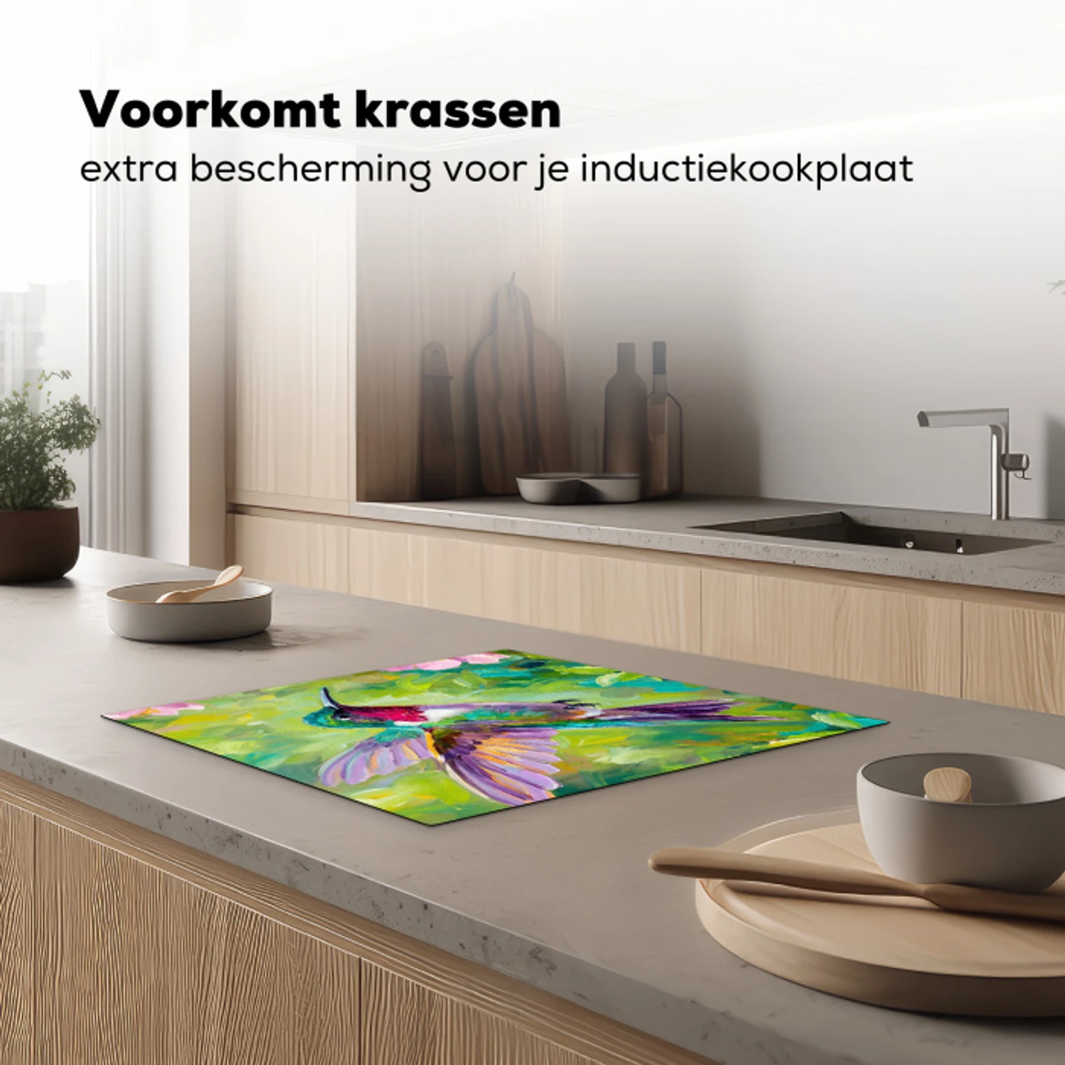 Kolibrie - Bloemen - Natuur - Kleurrijk Inductie beschermer vinyl 3mm middel -sfeer1