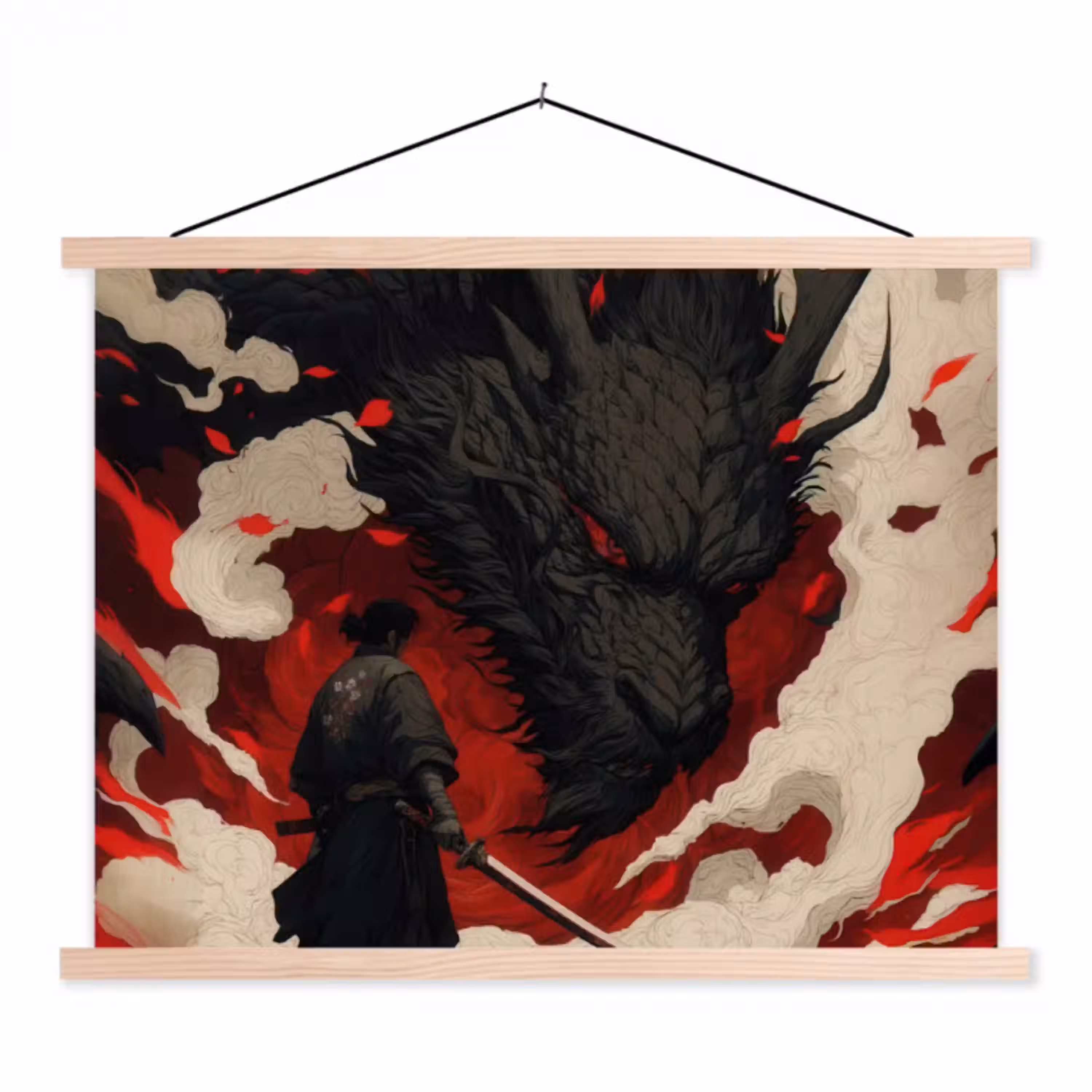 Krijger - Draak - Zwart - Rood - Rook textielposter latten blank klein -3d