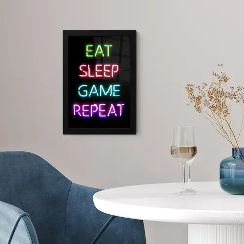 Gaming - Led - Quote - Eat sleep game repeat - Gamen fotolijst zwart zonder passe partout klein -sfeer4
