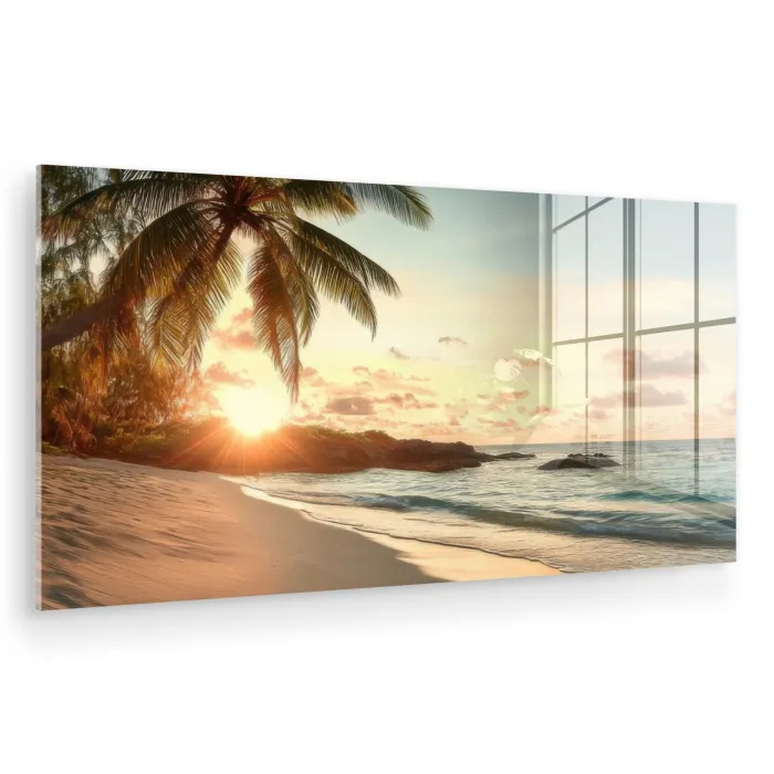 Strand - Palmbomen - Oceaan - Zonsondergang plexiglas 5mm klein -zzzproduct_nieuw