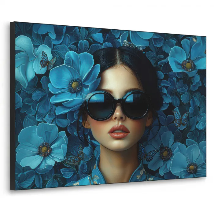 Vrouw - Bloemen - Blauw - Aesthetic - Luxe Textielframe zwart klein -3d