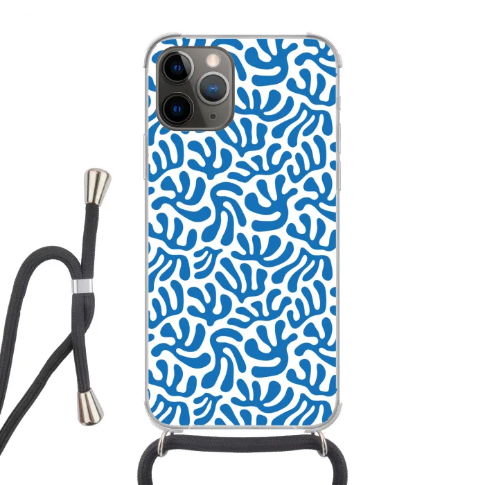 Koraal patroon - Wit - Blauw  - Zomer Hoesje iPhone 12 Pro met koord klein -3d