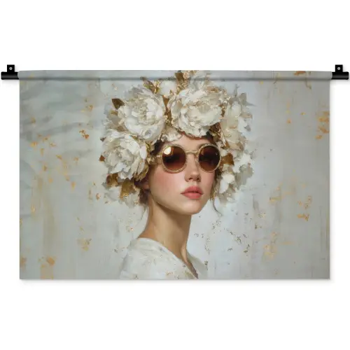 Schilderij - Vrouw - Zonnebril - Bloemenkrans Wandkleed katoen klein -zz3d