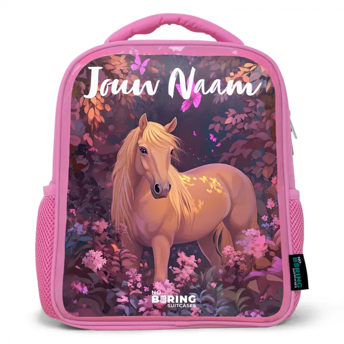Paard - Bloemen - Paars - Vlinder Kinderrugzak - Roze middel -3d