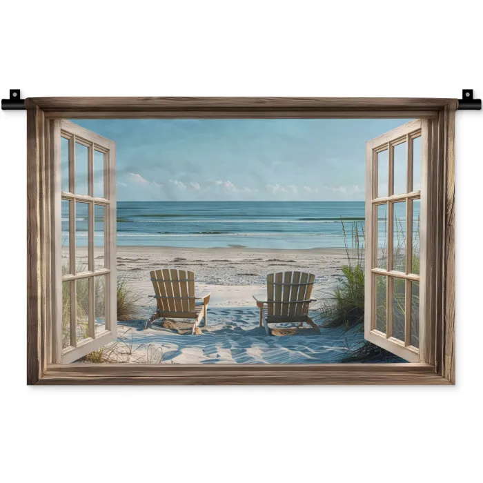 Doorkijk - Strandstoelen - Duinen - Zee - Natuur Wandkleed katoen klein -zz3d