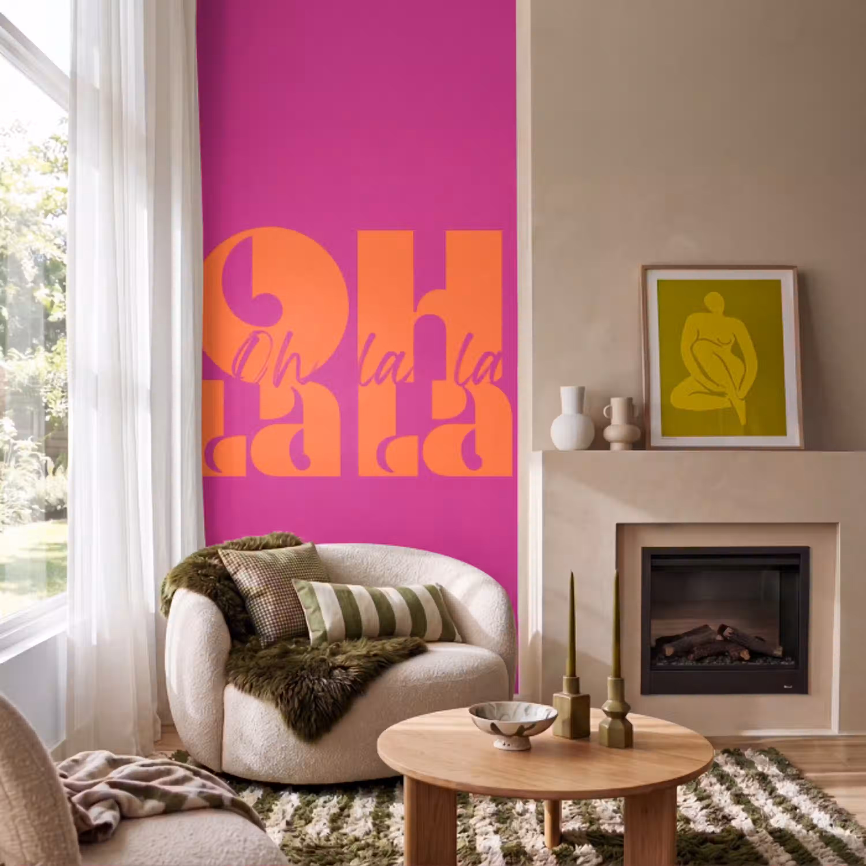 Oh la la - Roze - Oranje - Gestapelde letters Behang Vlies klein -sfeer2
