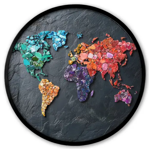 Wereldkaart - Edelstenen - Regenboog - Ruw Fotolijst rond zonder passe partout klein -3d