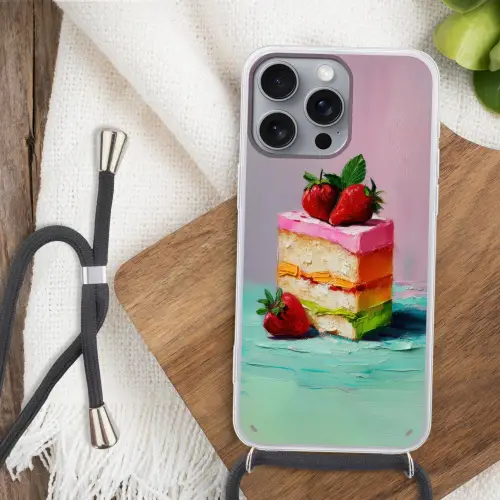 Taartje - Aardbeien - Glazuur - Kleurrijk Hoesje iPhone 16 Pro Max met koord klein -sfeer4