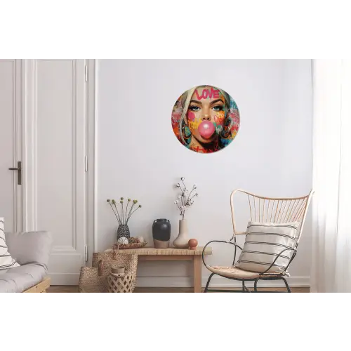 Vrouw - Kauwgom - Graffiti - Love Wandcirkel aluminium klein -woonkamer