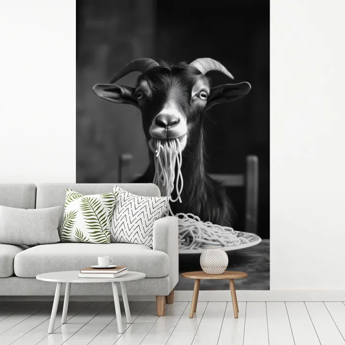 Geit - Bord - Spaghetti - Zwart Wit fotobehang vinyl groot -woonkamer