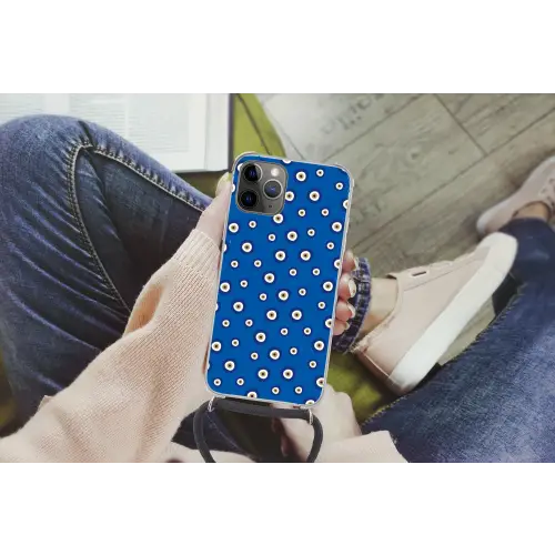 Griekse Boze Oog - Patroon - Blauw Hoesje iPhone 12 Pro met koord klein -hand