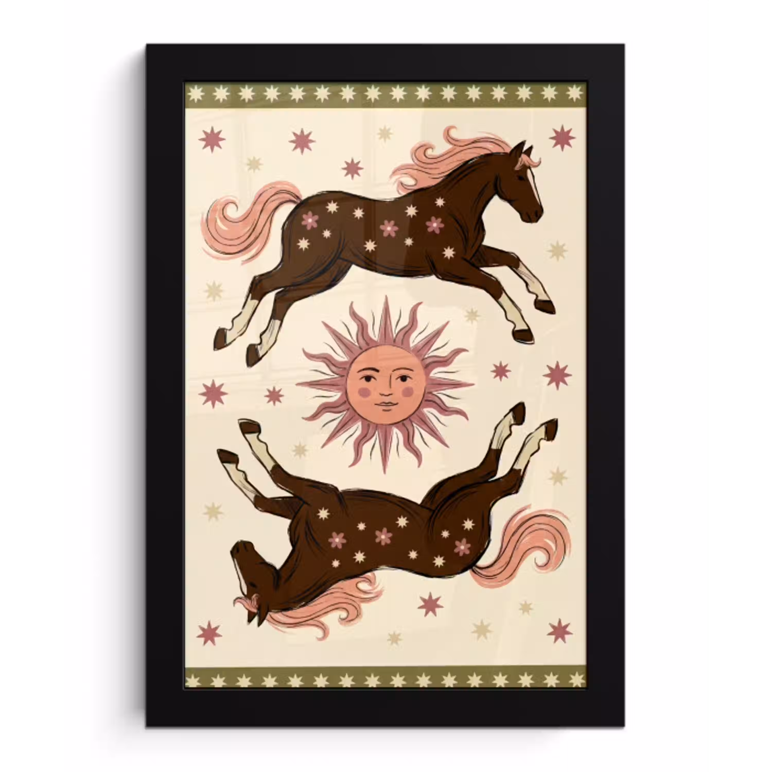Paard - Zon - Mystiek - Illustratie - Roze fotolijst zwart zonder passe partout klein -3d