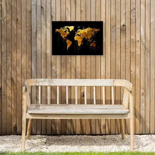 Wereldkaart - Goud - Druipen - Zwart Tuinposter op houten frame 2 cm dik klein -sfeer4