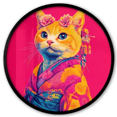 Kat - Kimono - Bloemen - Roze Fotolijst rond zonder passe partout klein -3d
