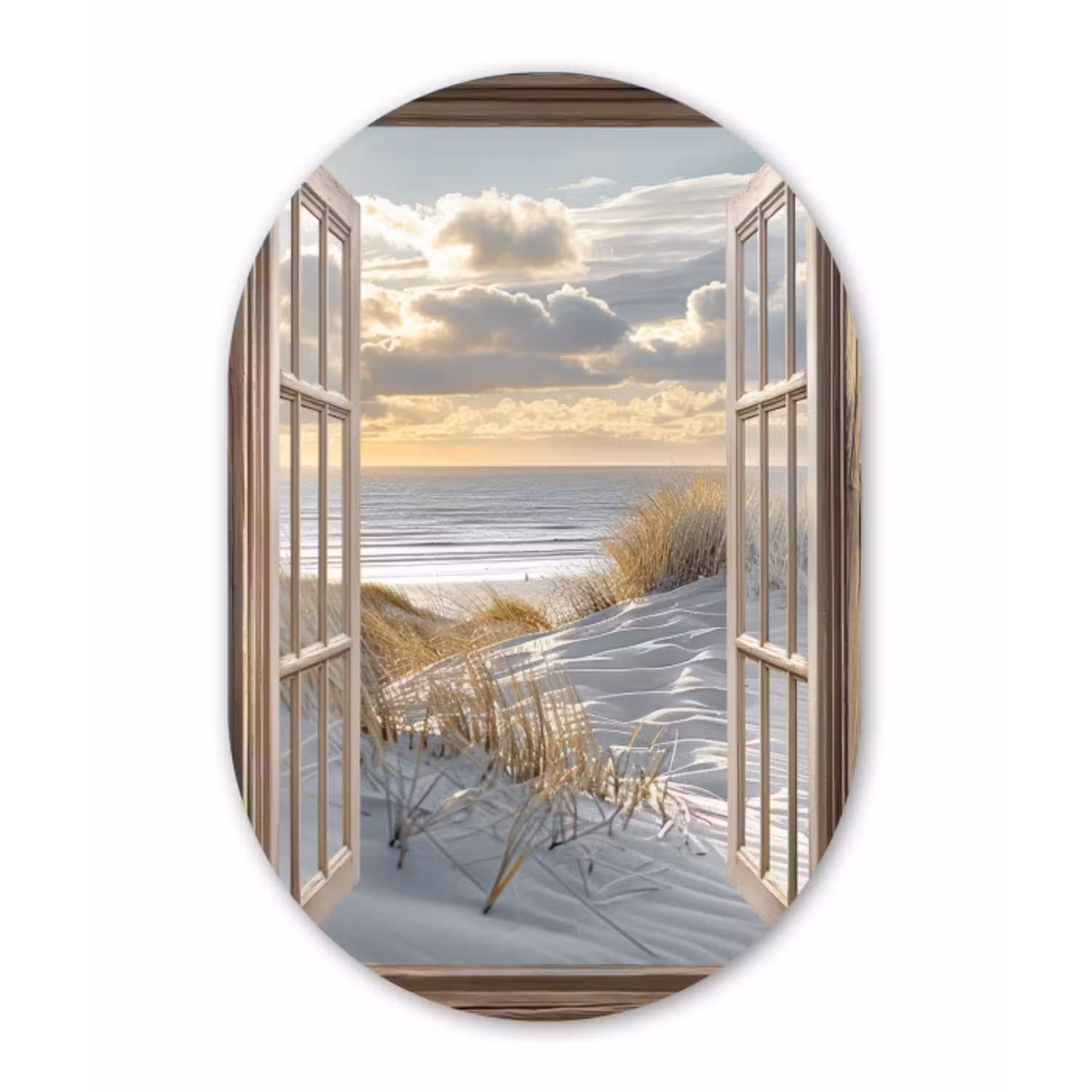 Doorkijk - Strand - Duinen - Zee - Natuur Wandcirkel Ovaal Glas middel -3d
