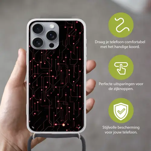 Gaming - Lijnen - Netwerk - Stippen - Rood Hoesje iPhone 16 Pro Max met koord klein -sfeer2_NL