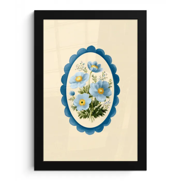 Lijst - Bloemen - Lichtblauw - Illustratie fotolijst zwart zonder passe partout klein -3d