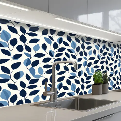 Grafisch - Bladmotief - Diepblauw keuken achterwand 2 middel 871 -3d_schuin