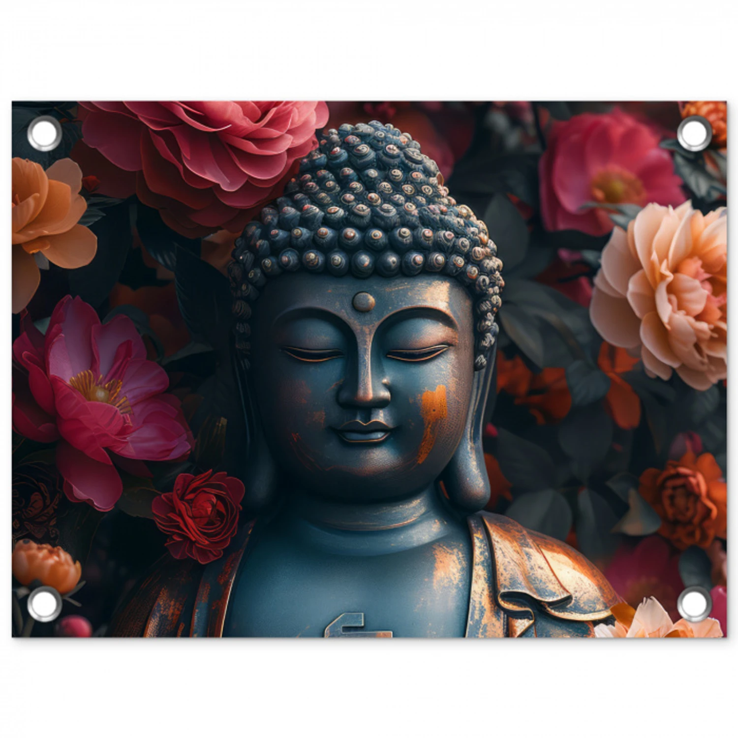 Boeddhabeeld omgeven door bloemen tuinposter los doek klein -3d